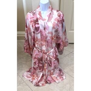 Midnight Bakery Pink Multicolor Silky Floral Satin Robe Kimono Sleeve Sz XS/S